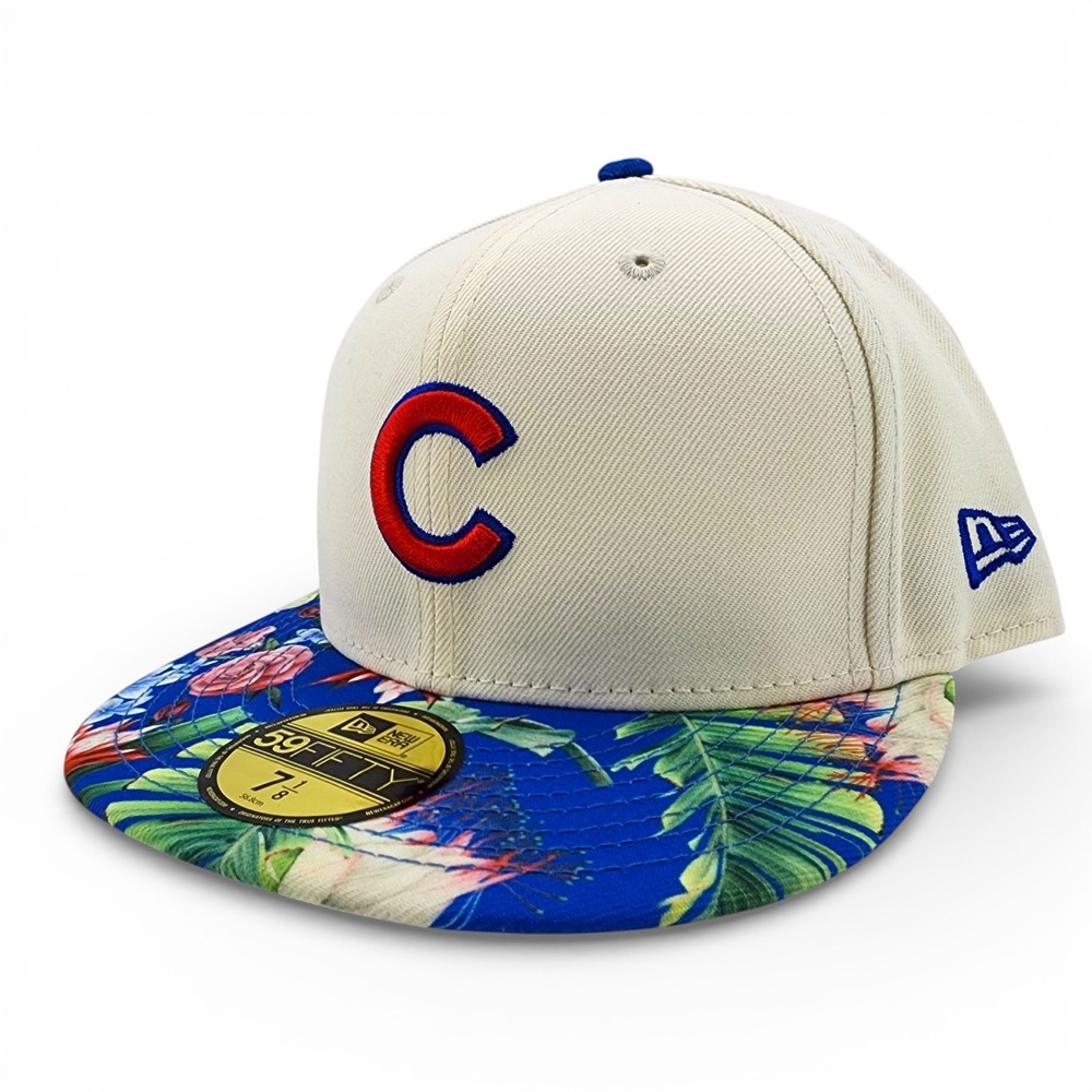 Chicago Cubs Hat New Era 59Fifty Floral Brim Fitted Cream Cap Size 7 1/8‎ NEW
